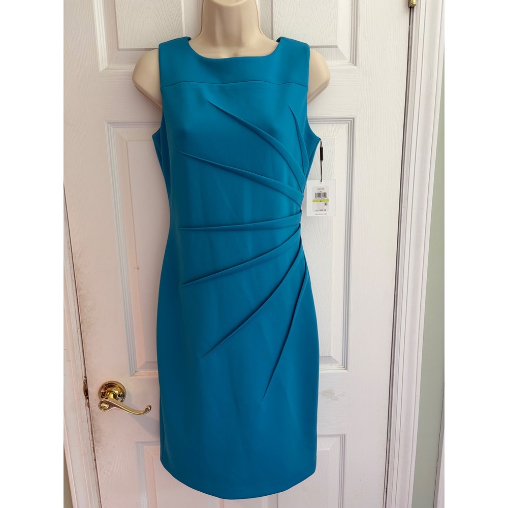 Calvin Klein Womens Teal Blue Pleated Sheath Dress CD8M1B4P Size 4 NWT Cocktail
